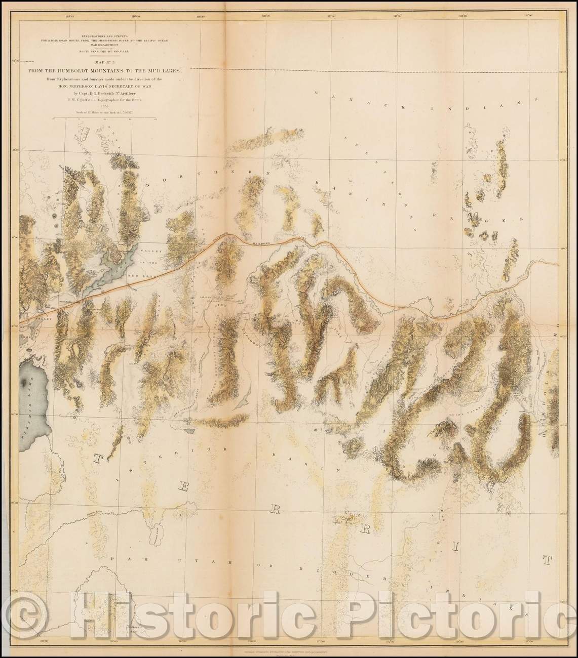 Historic Map - Map No. 5 From The Humboldt Mountains To The Mud Lakes; from Explorations and surveys made, 1856, U.S. Pacific RR Surveys - Vintage Wall Art