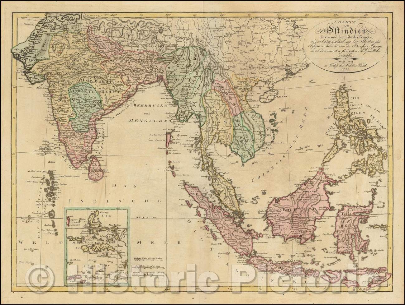 Historic Map - Charte von Ostindien dies- und jenseits des Ganges, u. der lezten Zerth/Map of India, Southeast Asia and Philippines, Johann Walch, 1805 - Vintage Wall Art