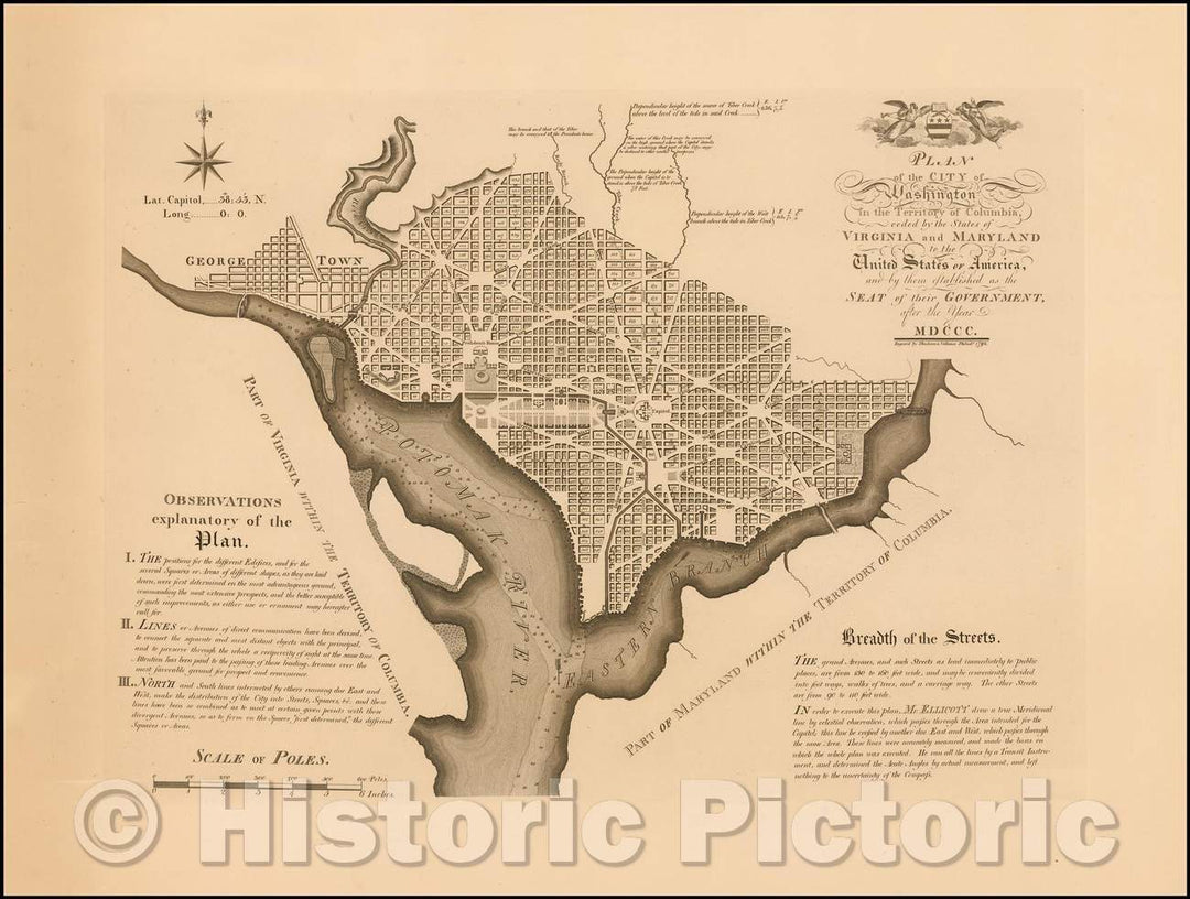 Historic Map - First Official Plan of Washington D.C. Plan of the City of Washington in the Territory of Columbia. ceded, 1803, Andrew Ellicott - Vintage Wall Art