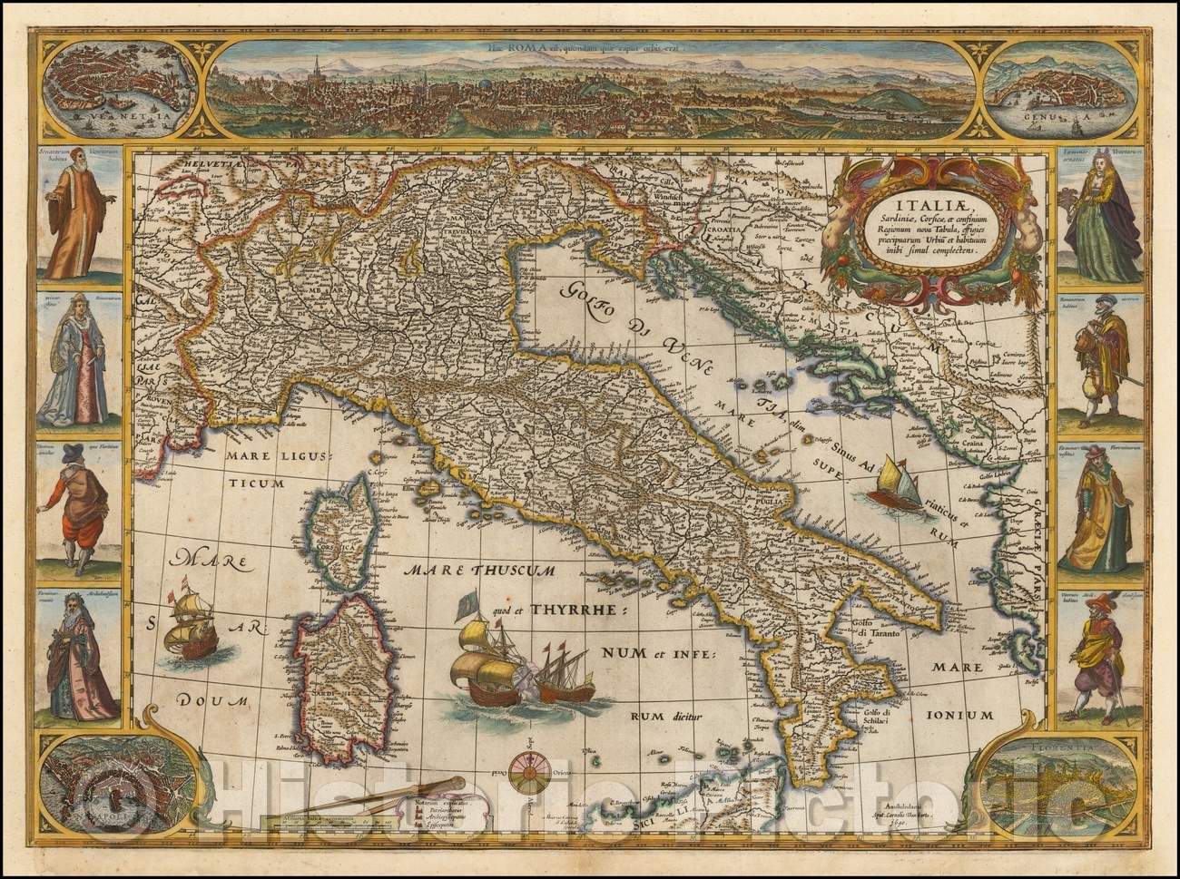 Historic Map - Italiae, Sardiniae, Corsicae, et confinium Regionum nova Tabula effigies praecipuarum Urbiu et habituum inibi simul complectens, 1640 v1