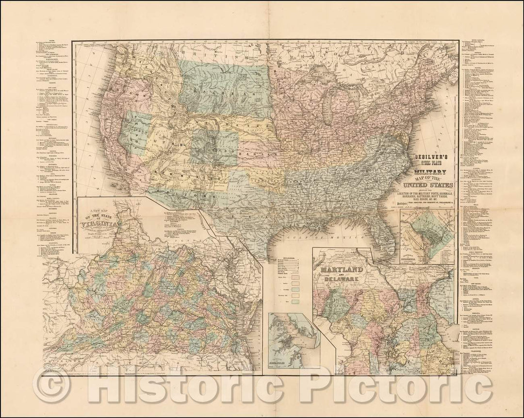 Historic Map - Desilver's Steel Plate Military of the United States Showing The Location of the Military Posts, Arsenals, Barracks, Batteries, Navy Yards, 1861 - Vintage Wall Art