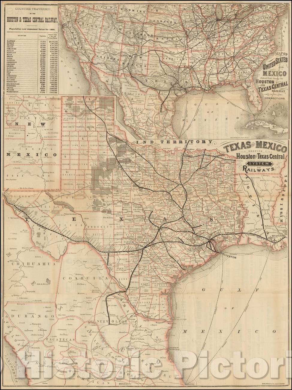 Historic Map - Texas and Mexico Showing Houston and Texas Central System of Railways, 1885, Rand McNally & Company - Vintage Wall Art