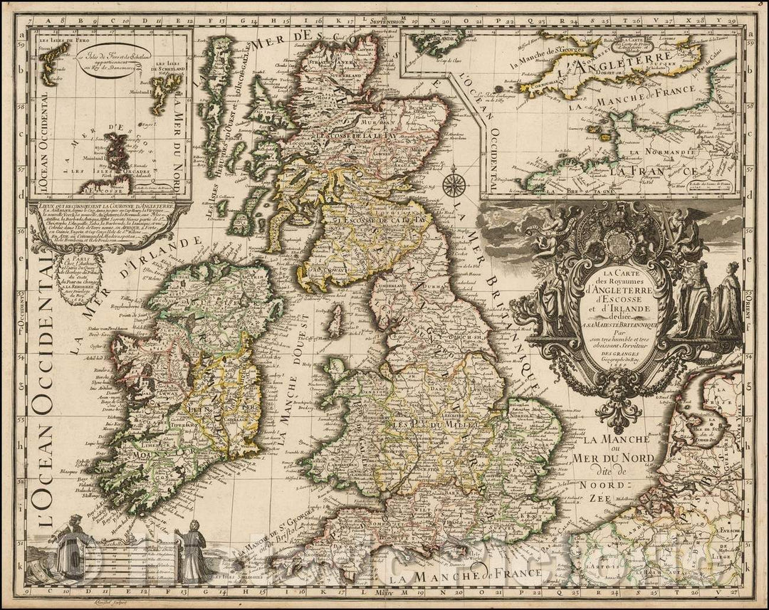 Historic Map - La Carte des Royaumes d'Angleterre d'Ecosse et d'Irlande dedie :: Kingdoms of England and Scotland and Ireland, British Isles, 1689 - Vintage Wall Art