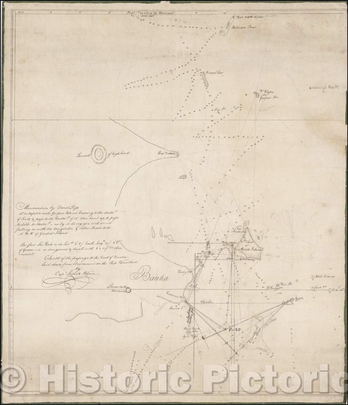 Historic Map - Manuscript Chart of the passage to the East of Banka laid down from Observations in the Ship Vansittart, 1815, Daniel Ross - Vintage Wall Art