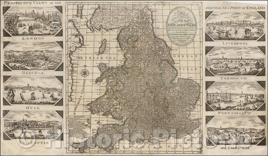 Historic Map - England & Wales with the Roads & Distances between Town & Town from the Latest and Best Surveys Describing the Cities, Buroughs, Market, 1798 - Vintage Wall Art