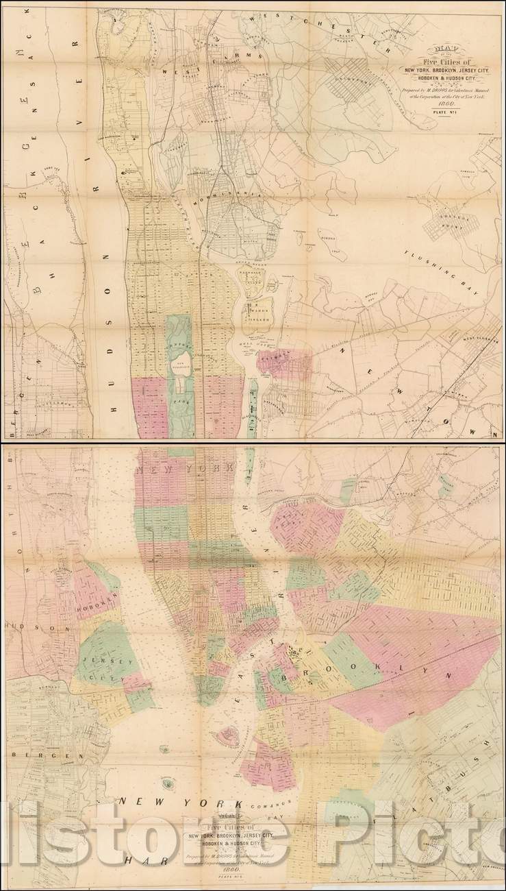 Historic Map - Map of the Five Cities of New York, Brooklyn, Jersey City, Hoboken & Hudson City, 1860, Matthew Dripps v2