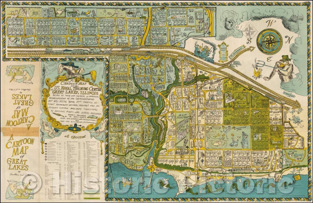 Historic Map - A Cartoon Map of the US. Naval Training Center at Great Lakes, Illinois, 1949, Robert William Gadbois - Vintage Wall Art