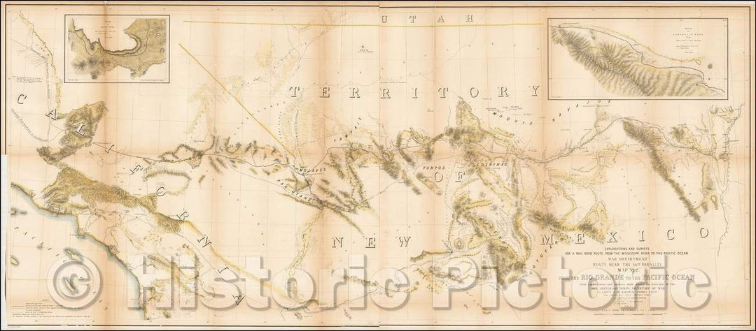 Historic Map - Route Near the 35th Parallel Map No. 2 From the Rio Grande to the Pacific Ocean, 1856, U.S. Pacific RR Surveys - Vintage Wall Art