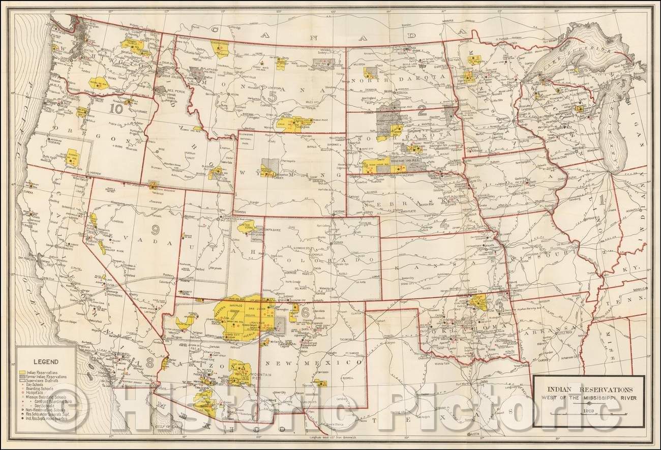 Historic Map - Indian Reservations West of the Mississippi River, 1919, U.S. Geological Survey - Vintage Wall Art