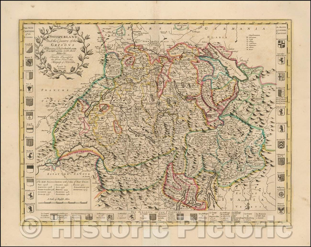 Historic Map - Switzerland and the Country of the Grisons Wherein is Described the XIII Switz Cantons with their Allies, 1721, John Senex - Vintage Wall Art