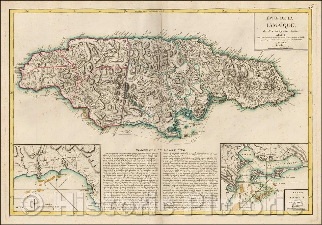 Historic Map - L'Isle de la Jamaique. par M. T. J. Ingenieur Anglois a Paris, 1779 :: French of Jamaica, published by Jean Lattre in Paris, 1779, Jean Lattre - Vintage Wall Art