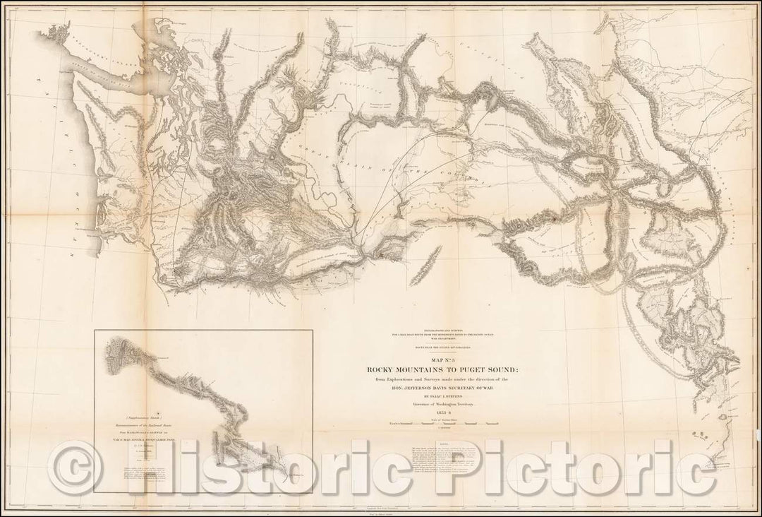 Historic Map - Rocky Mountains to Puget Sound; from Explorations and Surveys made, 1861, U.S. Pacific RR Surveys v2