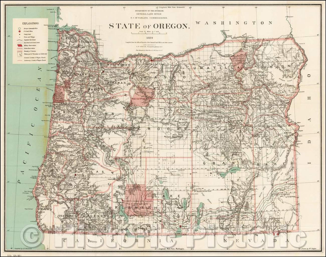 Historic Map - State of Oregon, 1884, U.S. General Land Office - Vintage Wall Art