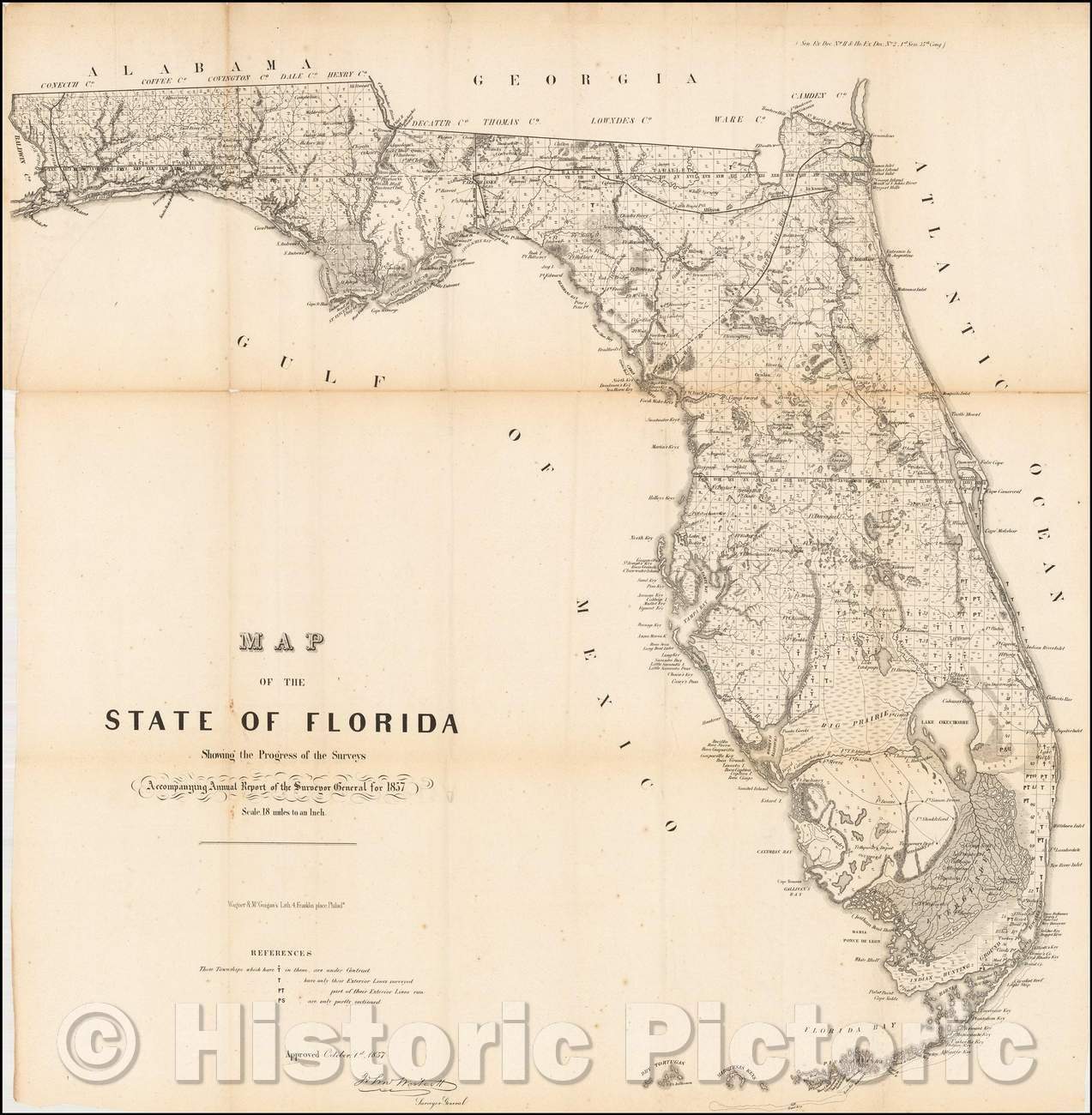 Historic Map - Map of the State of Florida Showing the Progress of the Surveys, 1857, U.S. General Land Office - Vintage Wall Art