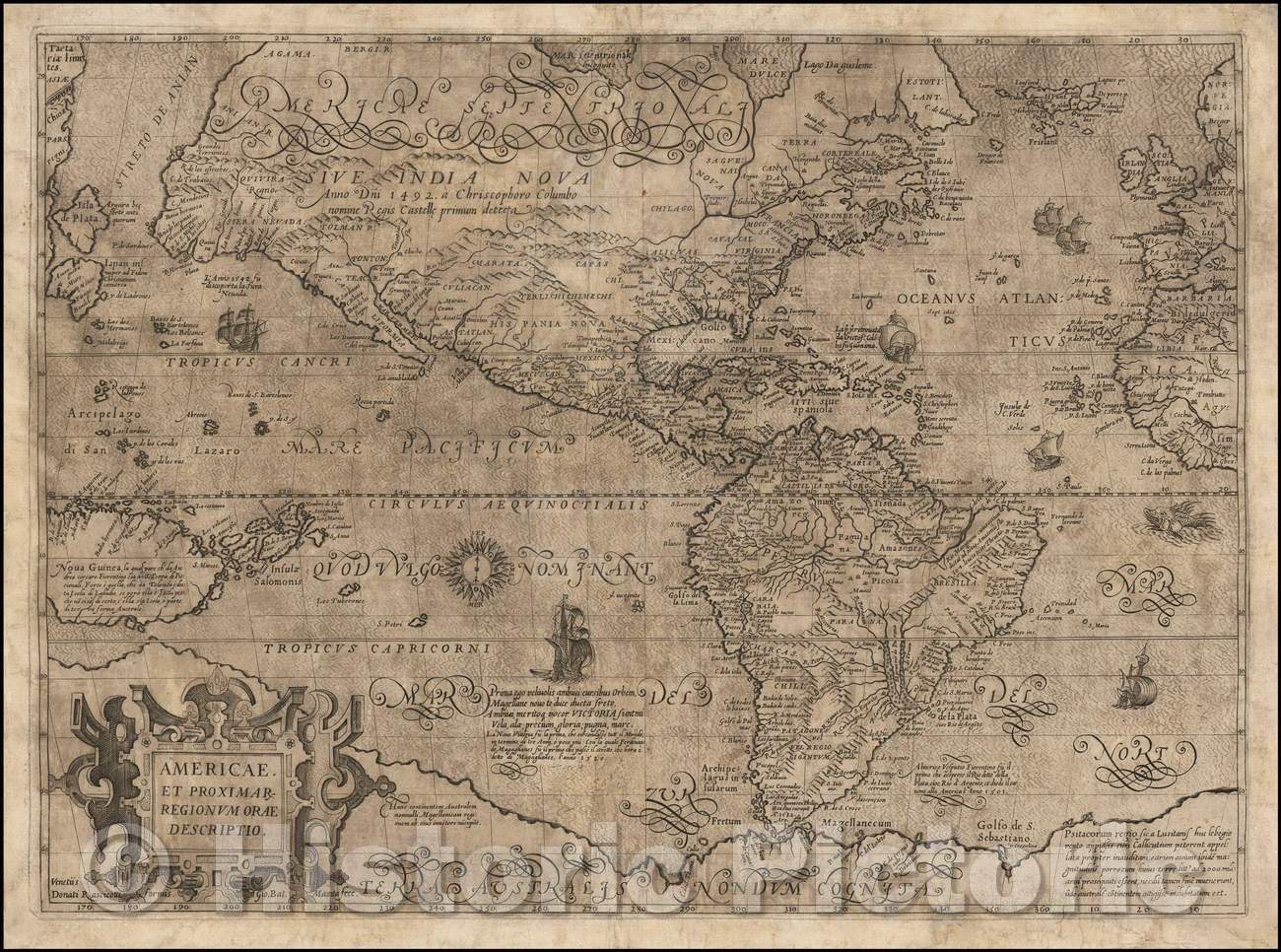 Historic Map - Americae et Proximar Regionum Orae Descriptio :: The Americas and the Pacific, Outer Banks of the Carolinas, island of Roanoke, Virginia, 1589 - Vintage Wall Art