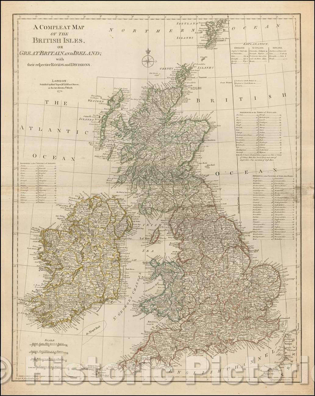 Historic Map - A Compleat Map of the British Isles, or Great Britain And Ireland; with their respective Roads and Divisions, 1775, Robert Sayer - Vintage Wall Art