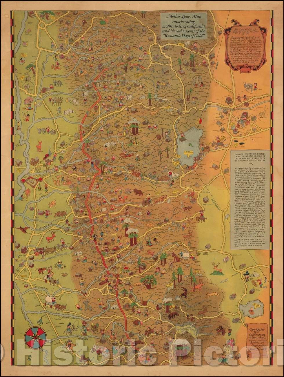 Historic Map - Tahoe & Gold Country, Mother Lode Map incorporating mother lodes of California and Nevada, 1931, Robert Cormack - Vintage Wall Art