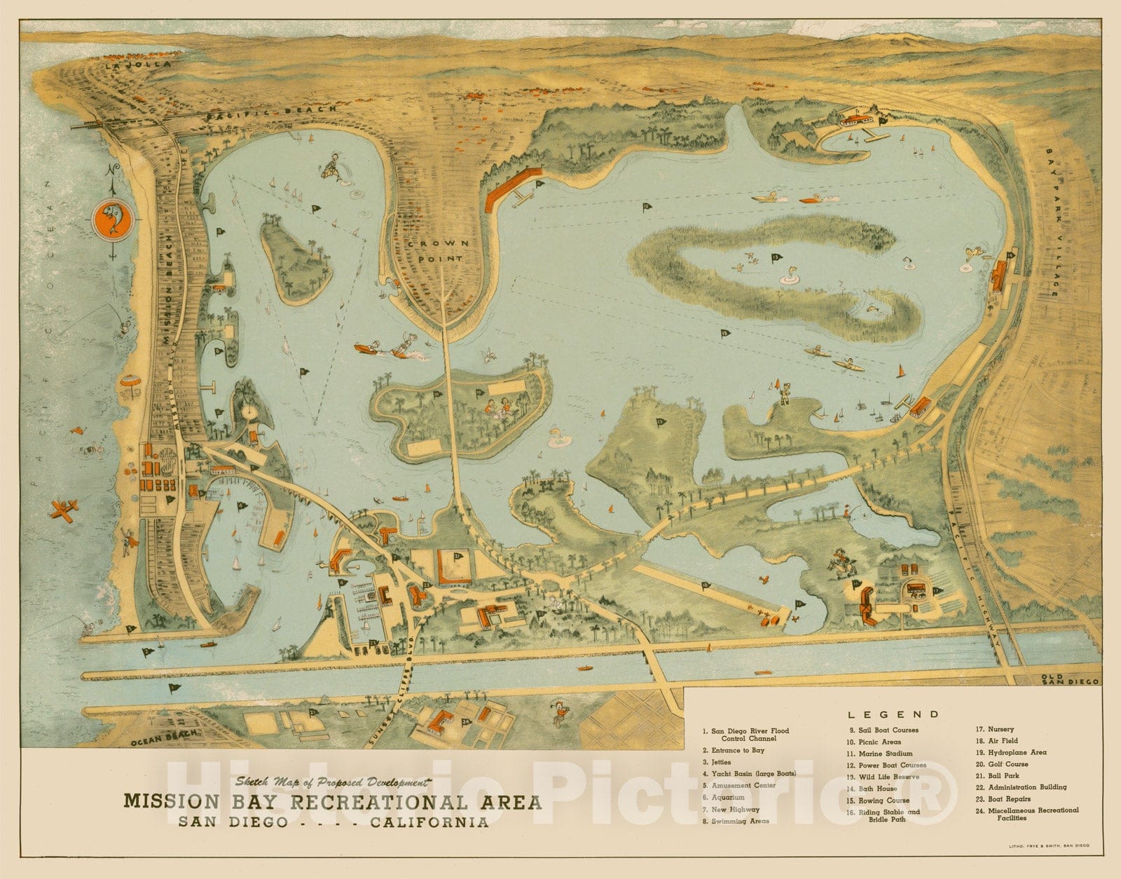 Historic Map - Sketch Map of the Proposed Development Mission Bay Recreational Area San Diego - - - - California, 1945, Frye & Smith - Vintage Wall Art