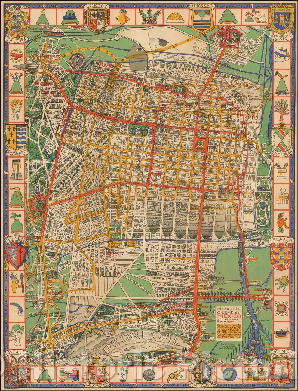 Historic Map - Mapa de la Ciudad de Mexico y alrededores, hoy y ayer/Map Mexico City Area today and yesterday. 1932, 1932, Emily Edwards - Vintage Wall Art