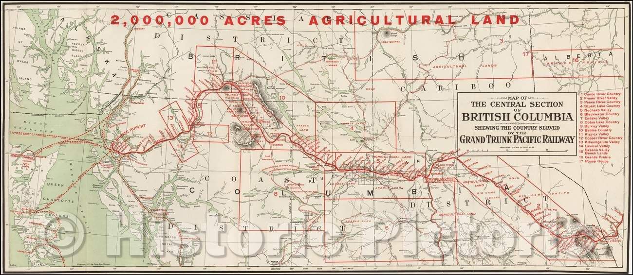 Historic Map - Map of the Central Section of British Columbia Shewing The Country Served, 1911, Poole Brothers - Vintage Wall Art