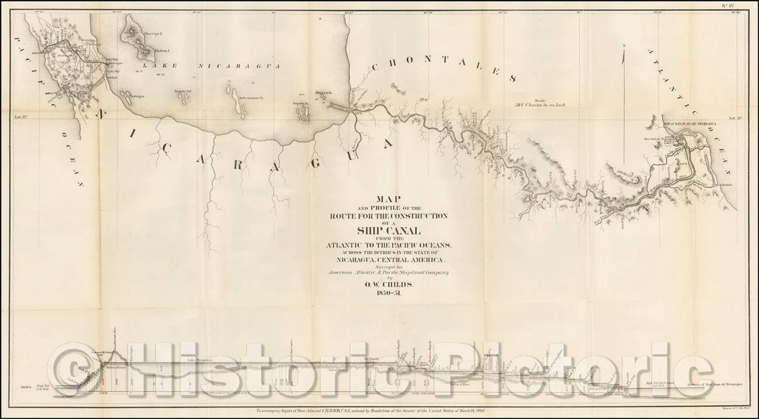 Historic Map - Map and Profile of the Route for the Construction of a Ship Canal From The Atlantic To the Pacific Oceans, 1866, Bowen & Co. - Vintage Wall Art