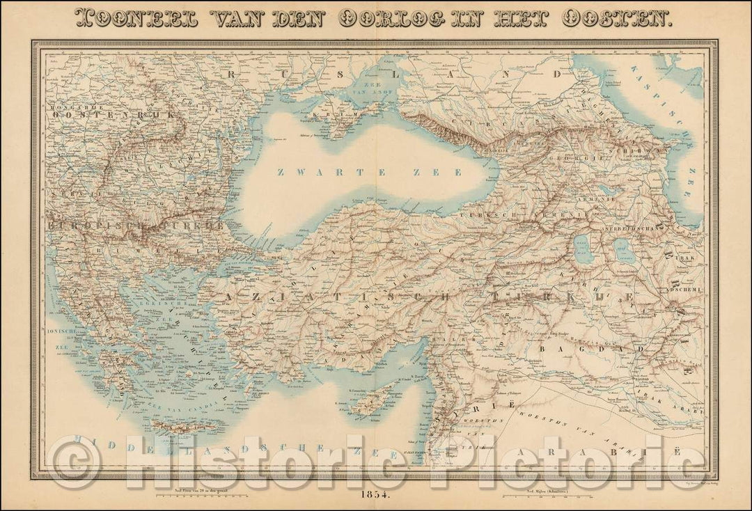 Historic Map - Tooneel Van Den Oorlog In Het Oosten/Greece and Hungary in the west and Iraq and the Caspian Sea in the east, centered on Turkey, 1854 - Vintage Wall Art