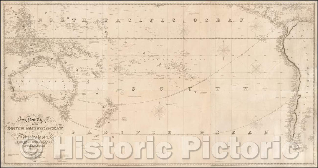 Historic Map - A New Chart of the South Pacific Ocean, Including Australasia, The East India Islands, Polynesia & The Western Part of South America, 1849 - Vintage Wall Art