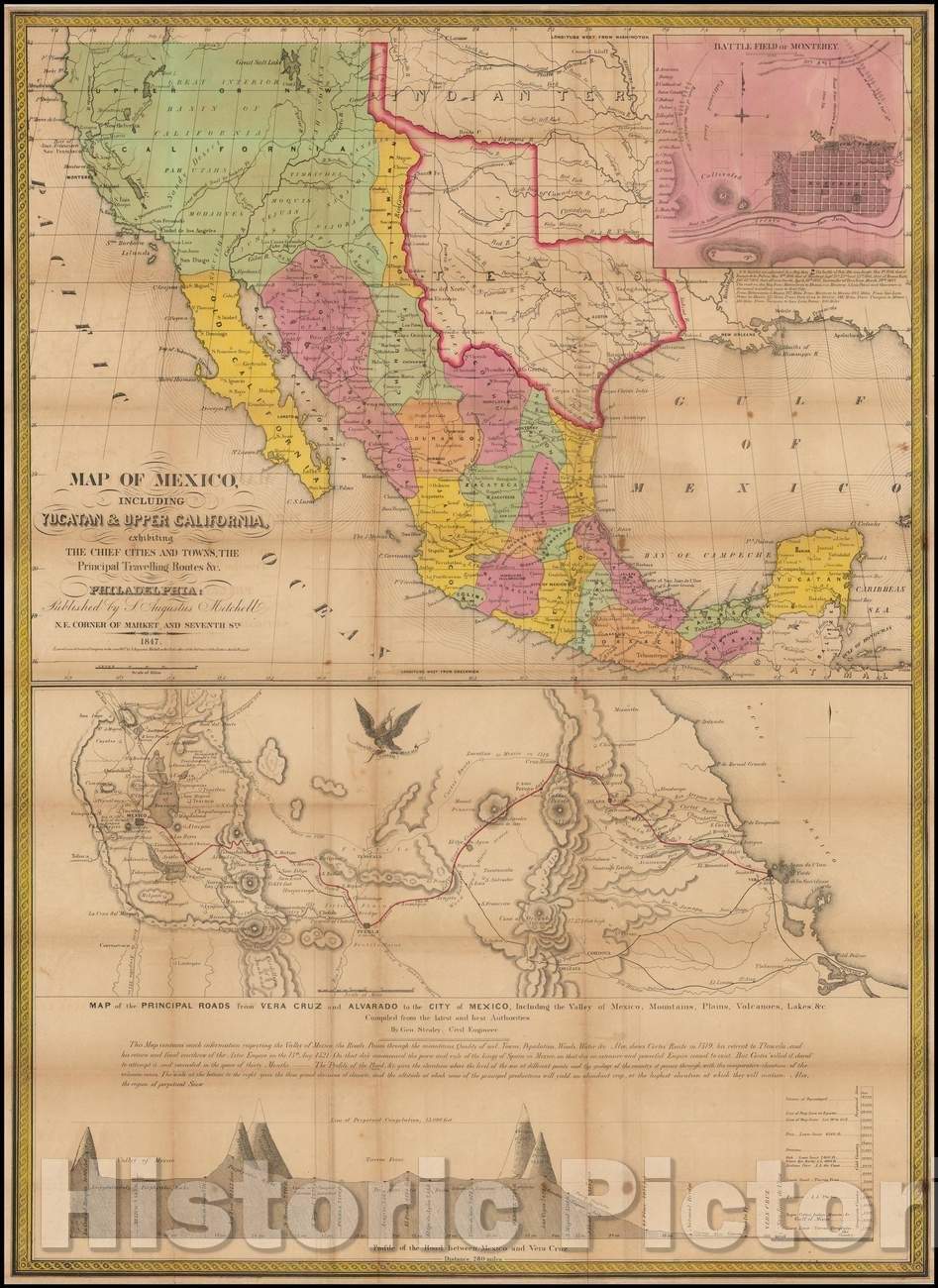 Historic Map - Map of Mexico, Including Yucatan & Upper California, exhibiting The Chief Cities And Towns, The Principal Travelling Routes &c, 1847 - Vintage Wall Art