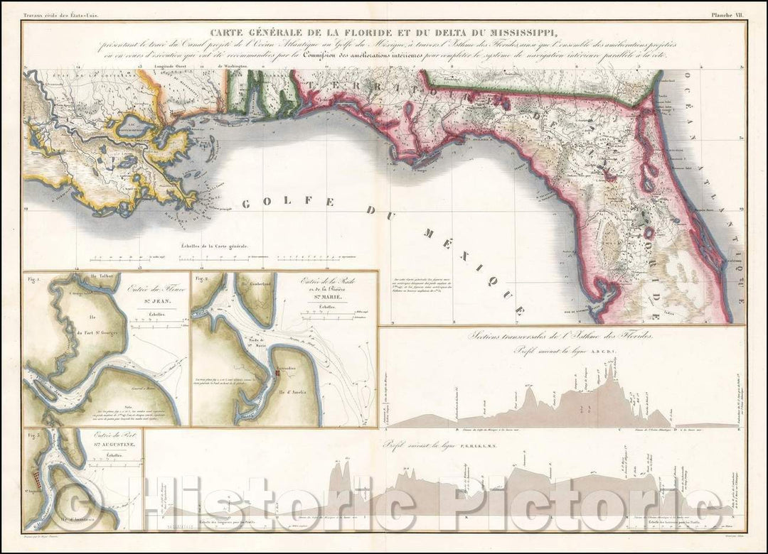 Historic Map - Carte Generale de la Floride et du Delta du Mississippi, presentant le trace du Canal projete de l'Ocean Atlantique ou Golfe du Mexique, 1834 v1