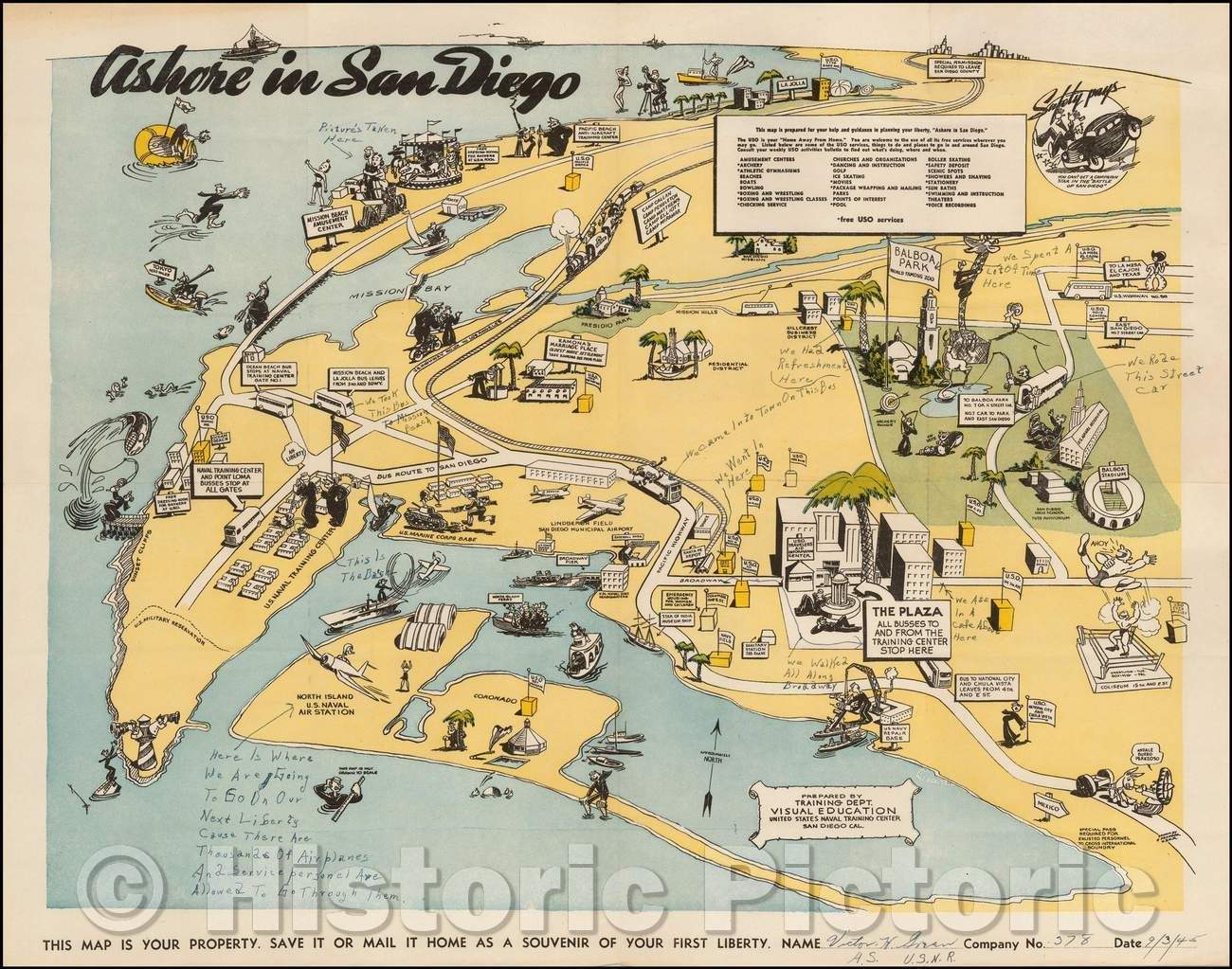 Historic Map - Ashore in San Diego (Annotated, 1943, United States Naval Training Center - Vintage Wall Art