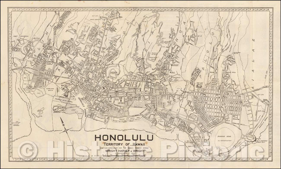 Historic Map - Honolulu. Territory of Hawaii, 1932, Hawaii Tourist Bureau - Vintage Wall Art