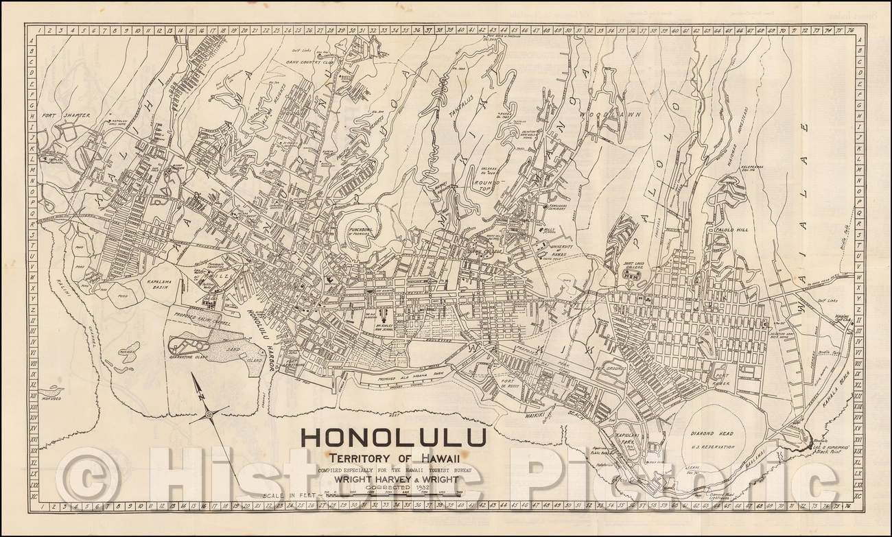 Historic Map - Honolulu. Territory of Hawaii, 1932, Hawaii Tourist Bureau - Vintage Wall Art