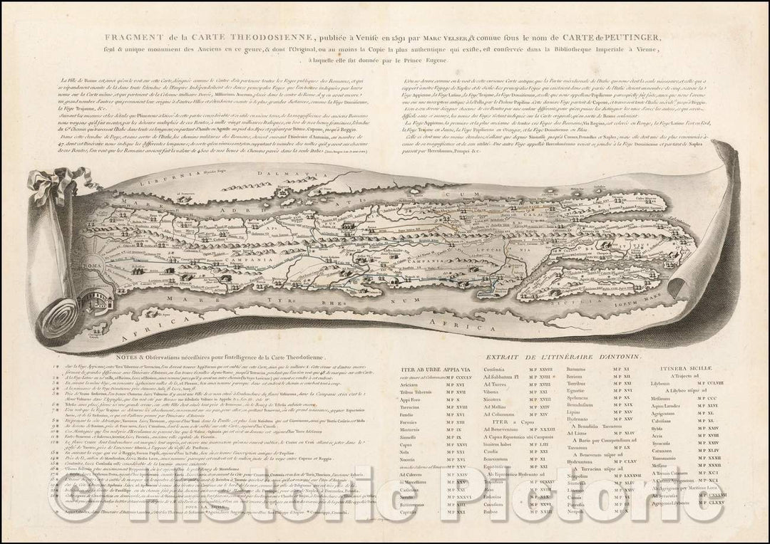 Historic Map - Fragment de la Carte Theodosienne, publiee a Venise en 1591 par Marc Velse/Map of the Roman Roads, covering Southern Italy, 1785 - Vintage Wall Art