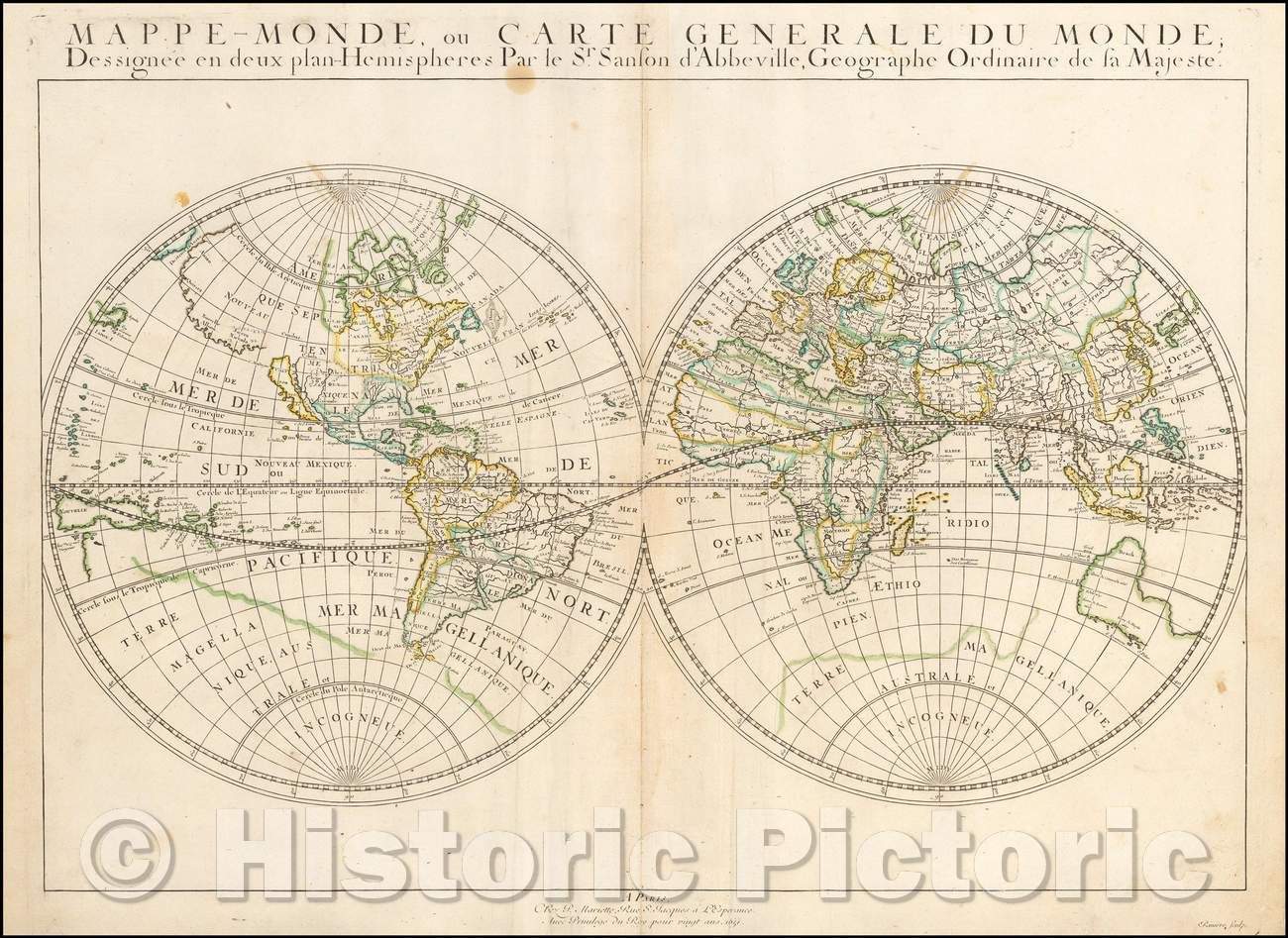 Historic Map - Mappe-Monde, ou Carte Generale Du Monde; Dessignee en deux plan-Hemisphere :: World Maps or of the World Generale, 1651 - Vintage Wall Art