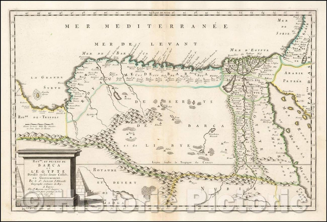 Historic Map - Royme. et Desert de Barca et L'Egypte Divisee en ses douze Cassiss/Royme. and Desert Barca and Egypt Divided into twelve Cassiss. 1655, 1655 - Vintage Wall Art