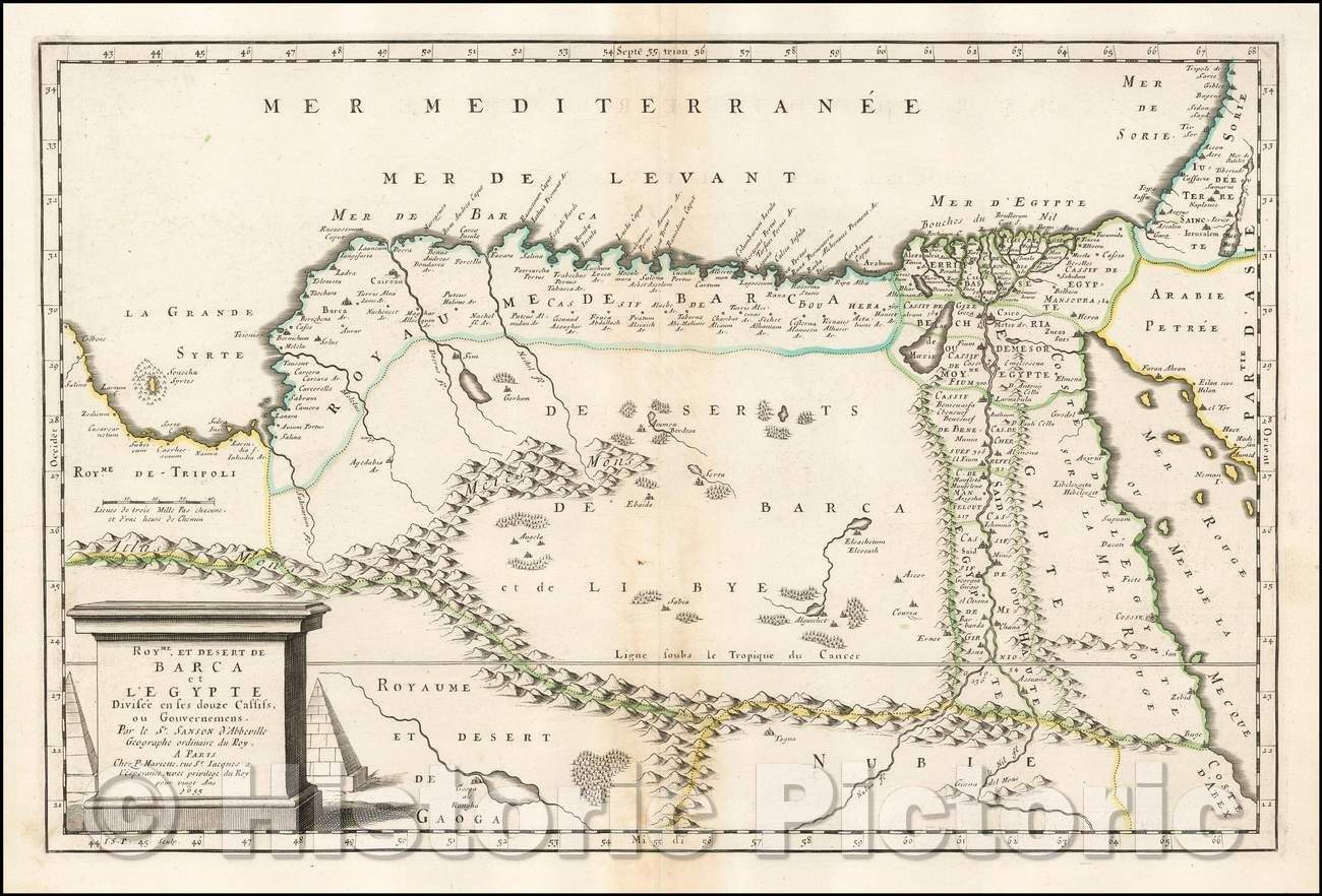 Historic Map - Royme. et Desert de Barca et L'Egypte Divisee en ses douze Cassiss/Royme. and Desert Barca and Egypt Divided into twelve Cassiss. 1655, 1655 - Vintage Wall Art