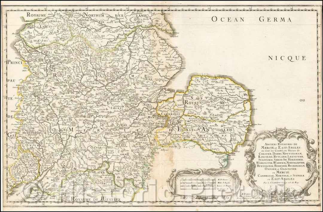 Historic Map - Anciens Royaumes de Mercie, et East Angles ou sont les Comtes/Regional Map of England, from Oxfordshire, Herefordshire and Suffolk, 1654 - Vintage Wall Art