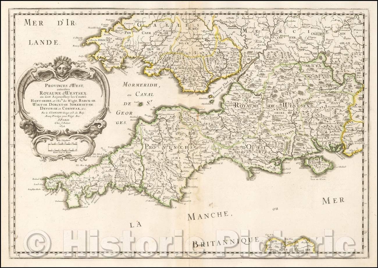 Historic Map - Provinces d'West, autrefois Royaume d'Westsex/Sanson's Double-page Map of Cornwall, Isle of Wight and southern Wales, 1654, Nicolas Sanson - Vintage Wall Art