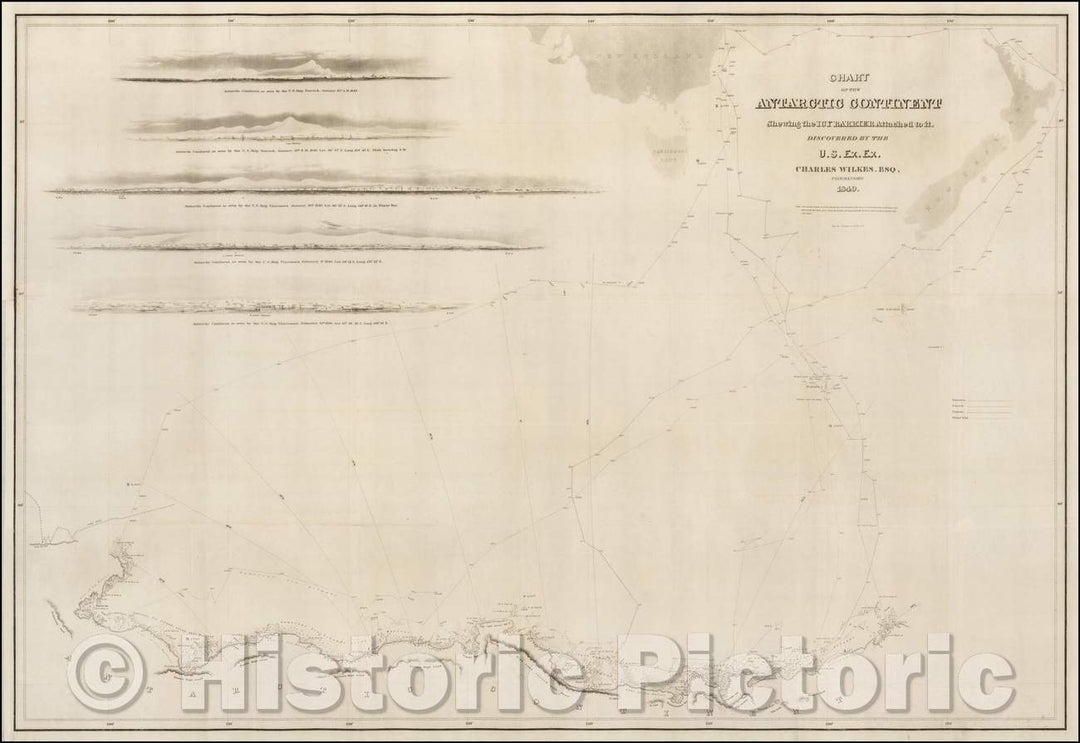 Historic Map - Chart of the Antarctic Continent Shewing the Icy Barrier Attached to it, 1845, Charles Wilkes - Vintage Wall Art