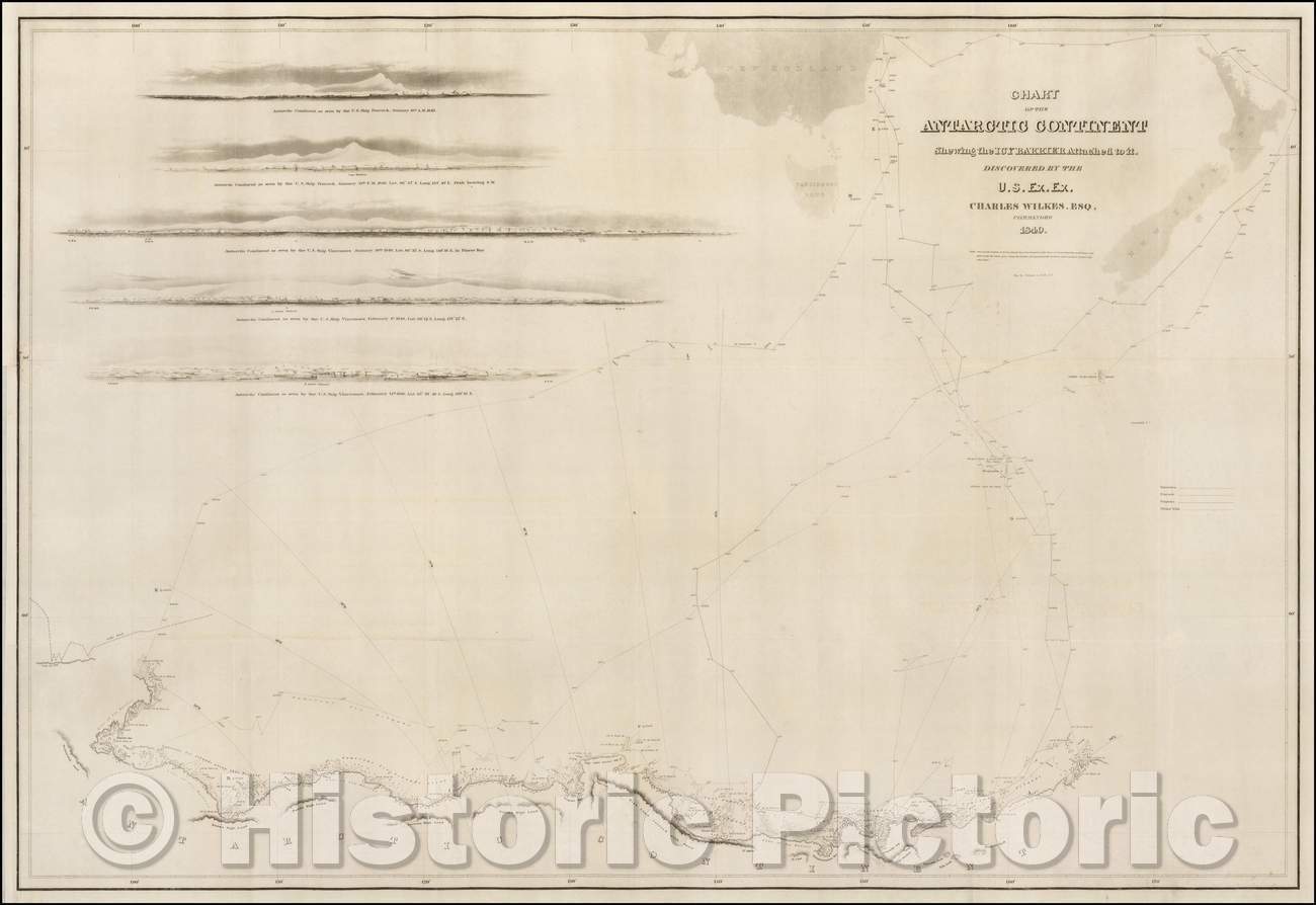 Historic Map - Chart of the Antarctic Continent Shewing the Icy Barrier Attached to it, 1845, Charles Wilkes - Vintage Wall Art