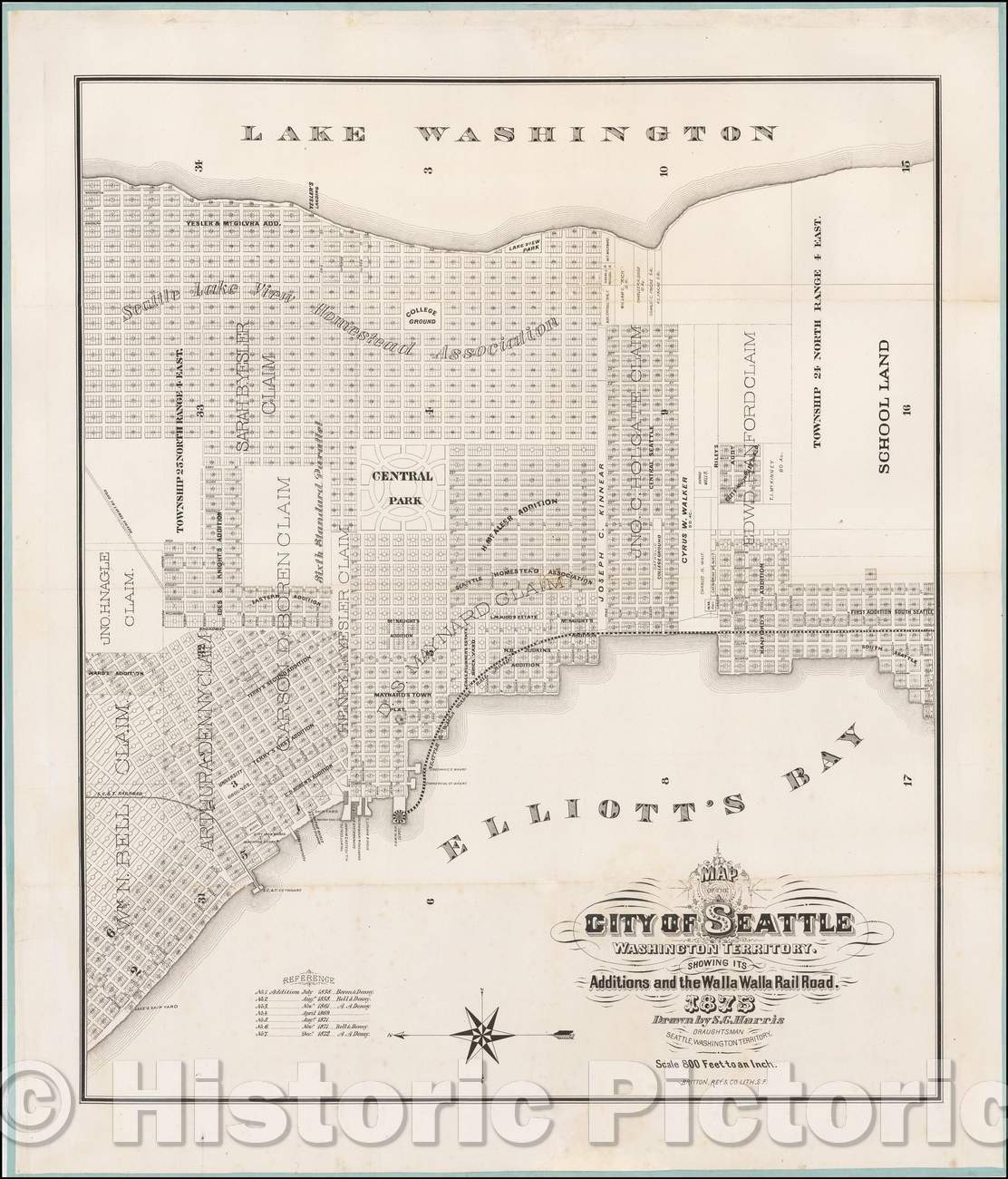 Historic Map - Map of the City of Seattle Washington Territory. Showing Its Additions and the Walla Walla Railroad, 1875, S. C. Harris - Vintage Wall Art