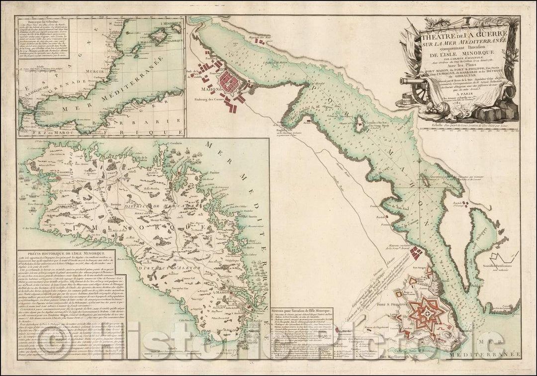 Historic Map - Theatre de la Guerre sur la Mer Mediterranee comprenant/Map of the Theater of War in the Mediterranean, Invasion of Minorca, 1782 - Vintage Wall Art