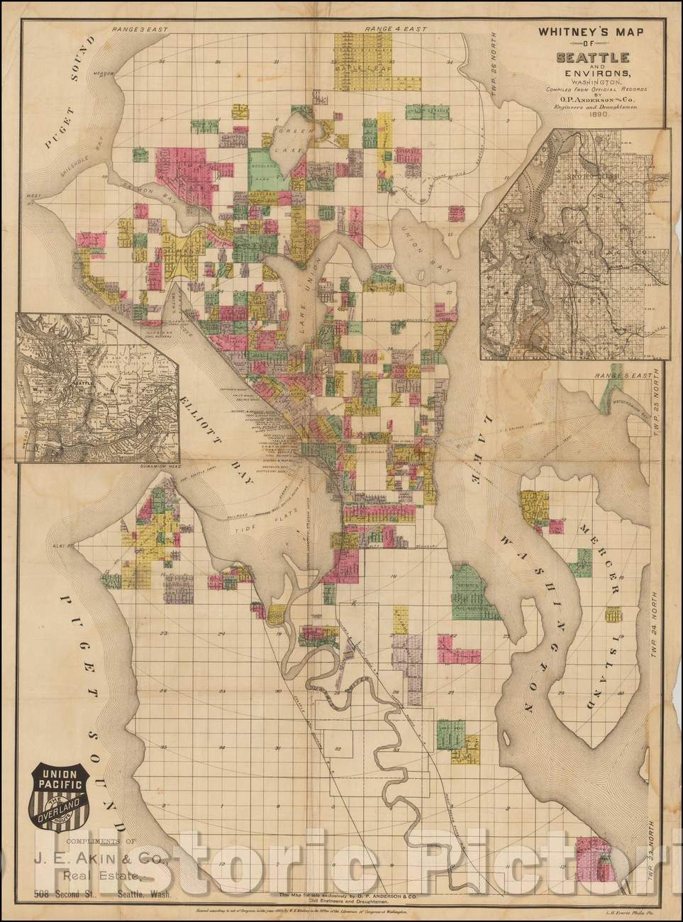 Historic Map - Whitney's Map of Seattle and Environs, Washington, 1890, O.P. Anderson & Son v1