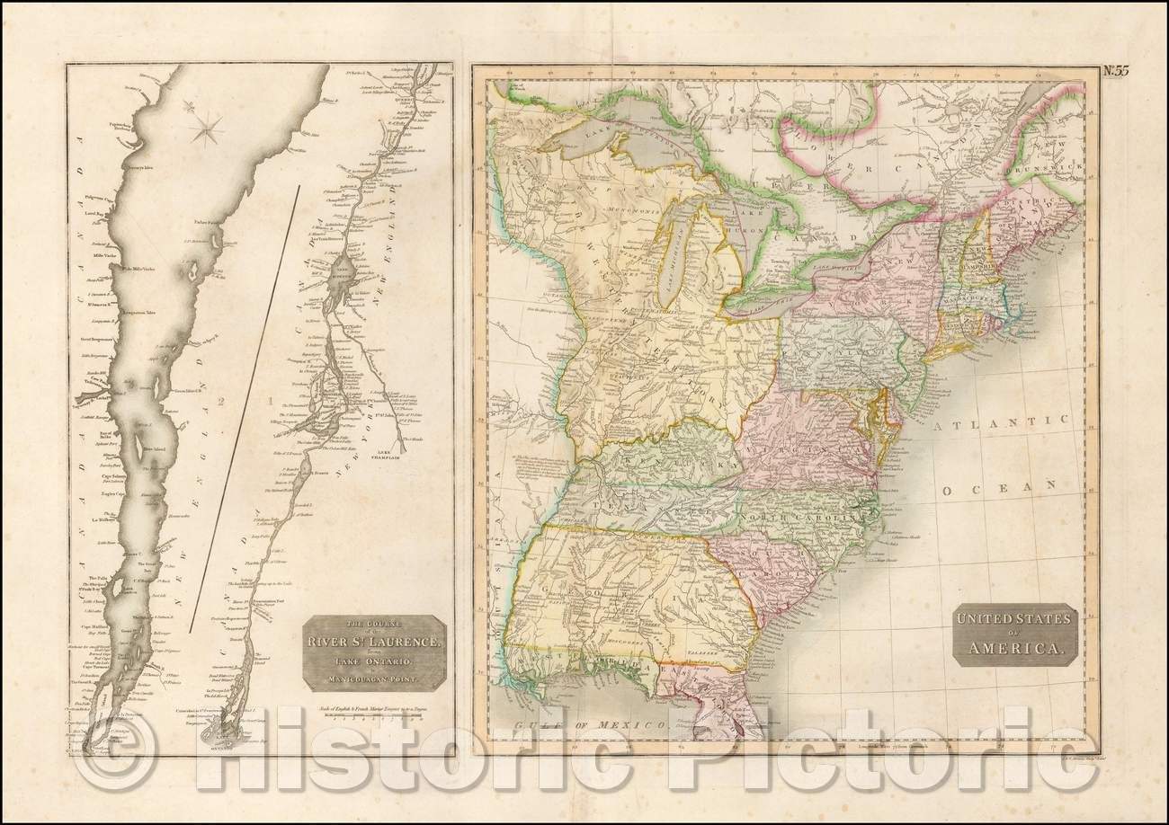 Historic Map - United States of America [with] The Course of the River St. Laurence from Lake Ontarion to Manicouagan Point, 1814, John Thomson v2