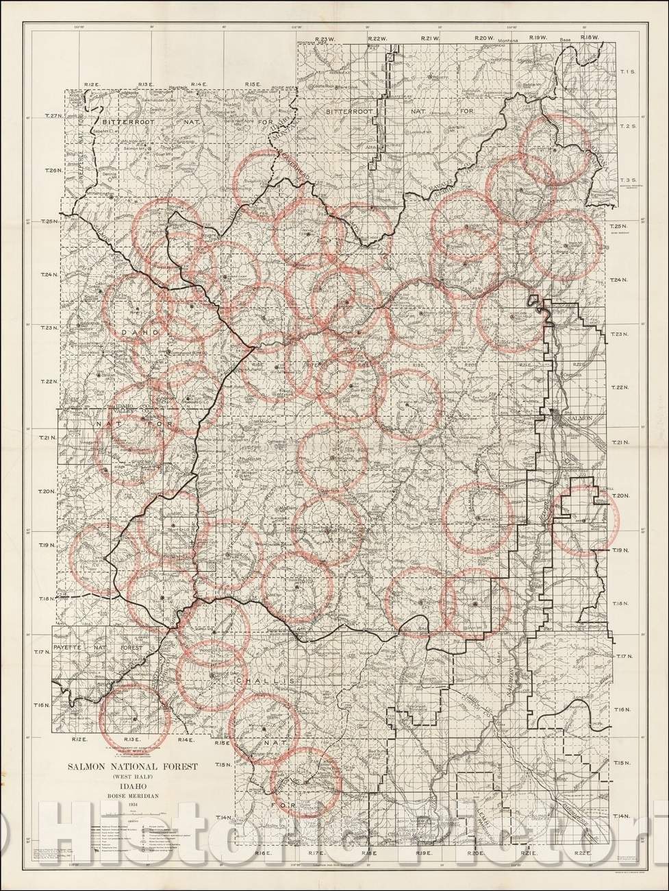 Historic Map - Salmon National Forest (West Half) Idaho, 1934, U.S. Department of Agriculture - Vintage Wall Art