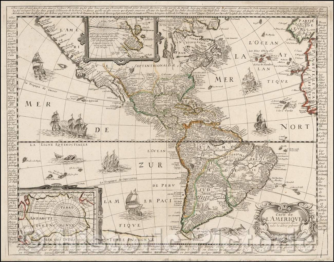 Historic Map - Carte de L'Amerique Corrigee et augmentee dessus toutes les autres ey devant/Map of America, first published in Paris in 1658, 1658 - Vintage Wall Art