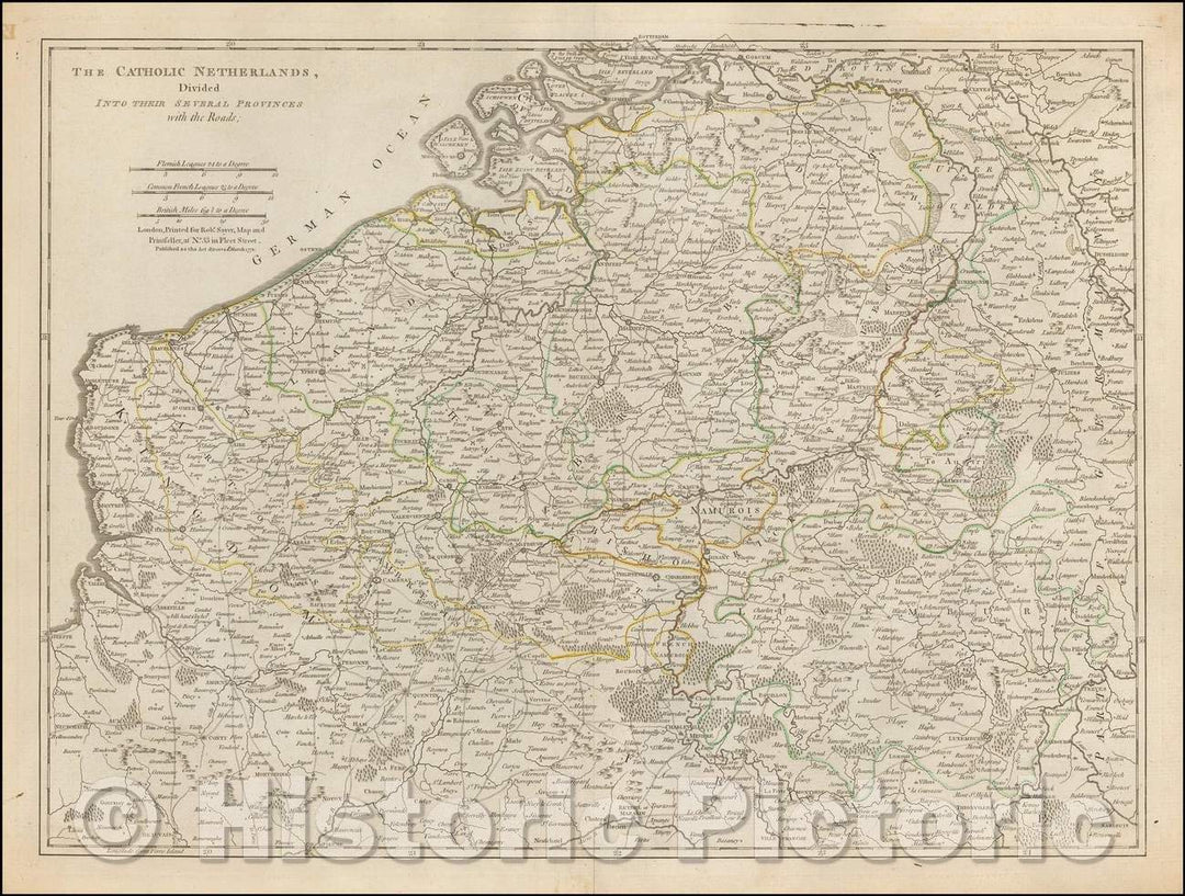 Historic Map - The Catholic Netherlands, Divided INto Their Several Provinces with the Roads, 1772, Robert Sayer v2