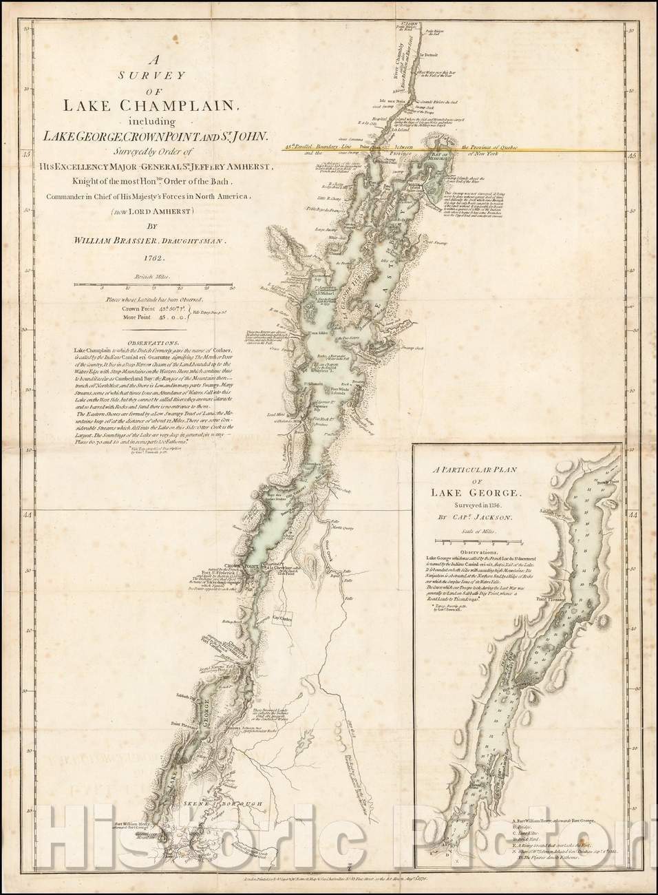 Historic Map - A Survey of Lake Champlain, including Lake George, Crown Point and St. John, 1776, Robert Sayer - Vintage Wall Art