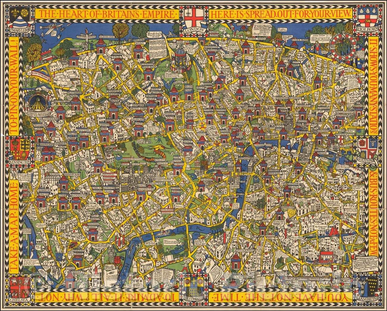 Historic Map - London The Heart of the British Empire Here Is Spread Out For Your View, 1924, MacDonald Gill - Vintage Wall Art