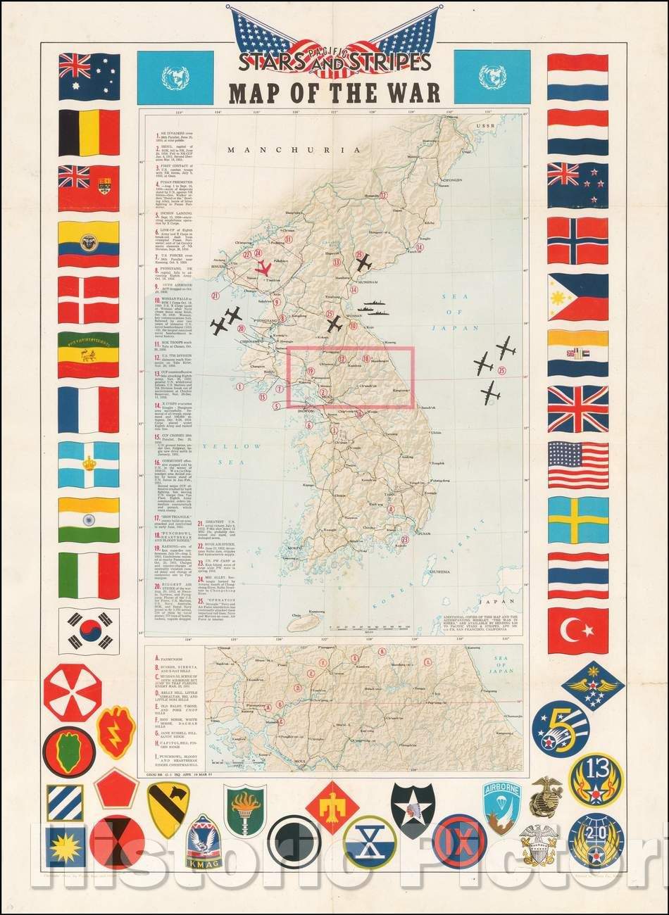 Historic Map - Korea, Stars & Stripes Map of The War, 1953, Pacific Stars & Stripes - Vintage Wall Art